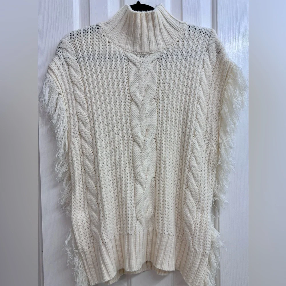 SAGE THE LABEL Fringed Cable-Knit Turtleneck Sweater in Ivory/Cream - SIZE M - Picture 7 of 16